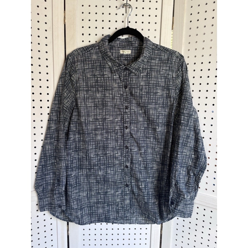 Garnet Hill Button Down Blouse Shirt Womens 14 Organic Pima Cotton Blue White